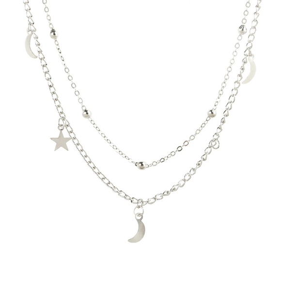 2 Layer Star and Moon Necklace Silver - Picture 3 of 8